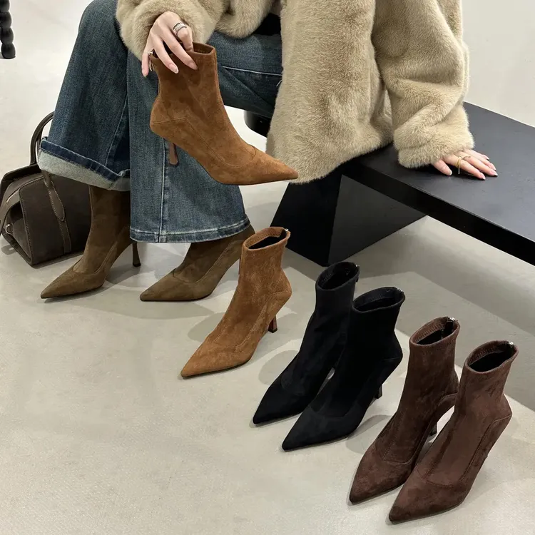 2025秋冬新款气质百搭法式细跟高跟弹力靴绒面尖头后拉链瘦瘦靴