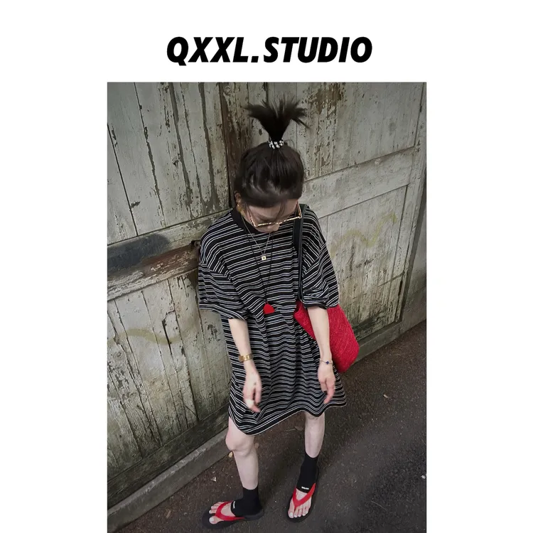 邱小小丽呀 夏款撞色条纹短袖T恤裙 百搭宽松圆领休闲上衣裙女
