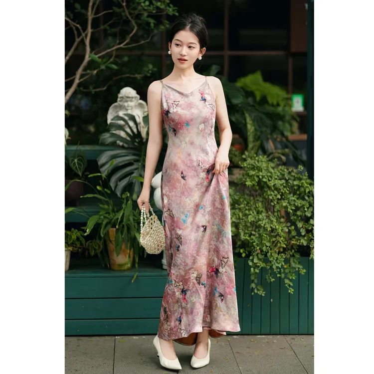 西子/【盛夏蝶舞】法式度假风印花蝶舞翩跹无袖吊带连衣裙/CQYF059