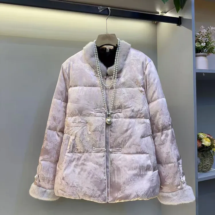 新中式国风盘扣提花时尚高品质女重工刺绣亮片袖领气质棉服外套