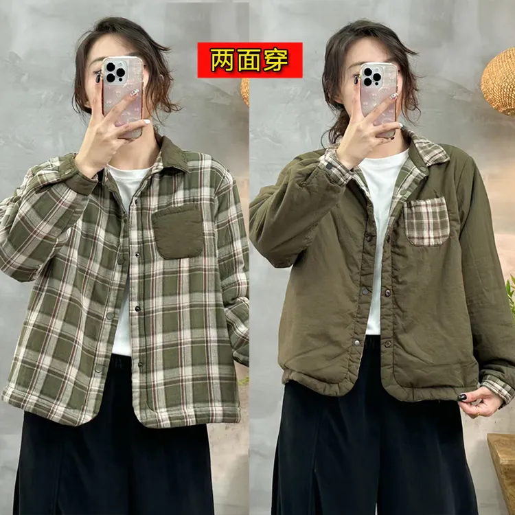 两面穿棉服女2025秋冬季复古文艺格子宽松保暖百搭夹棉衬衫厚外套