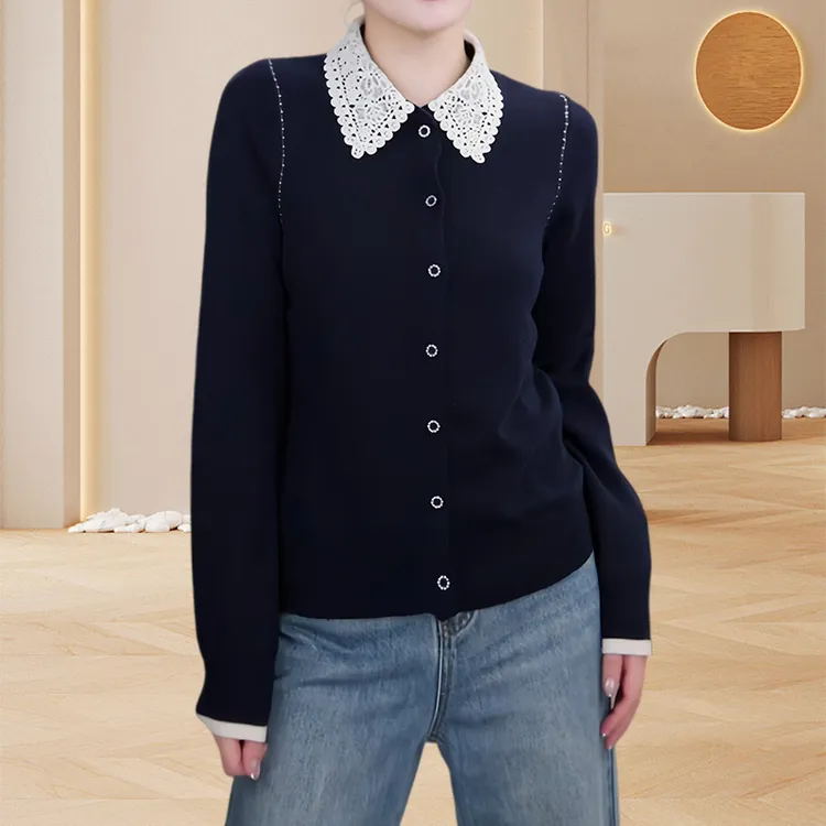 小众设计休闲风藏青色翻领长袖毛衣松弛感慵懒风显瘦针织上衣女装