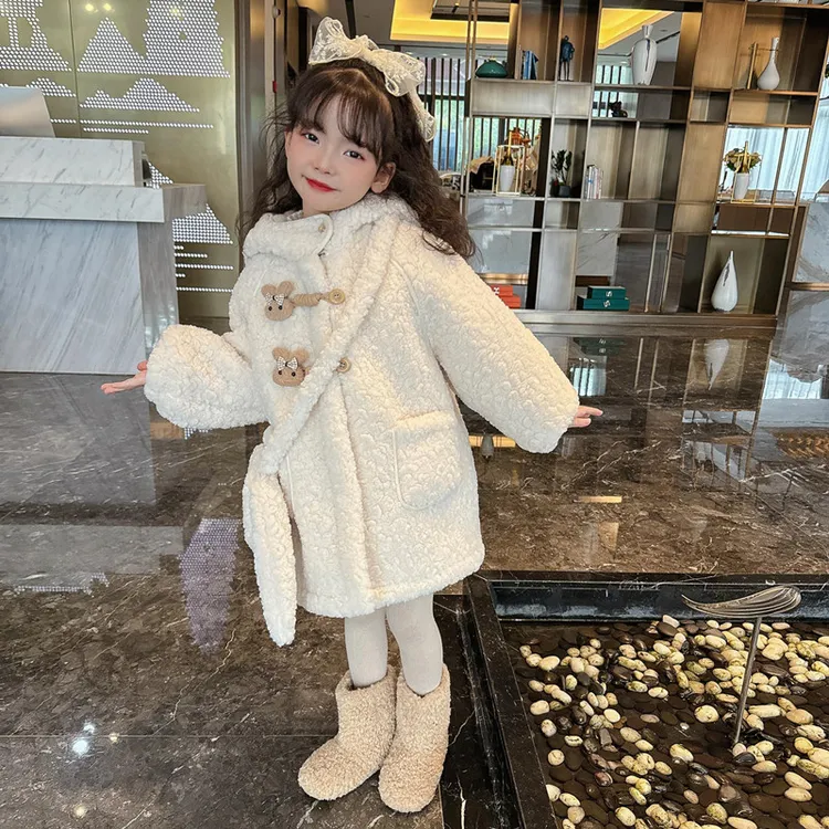 女童外套秋冬装2025新款洋气儿童中长加绒加厚女孩冬季毛毛衣大衣