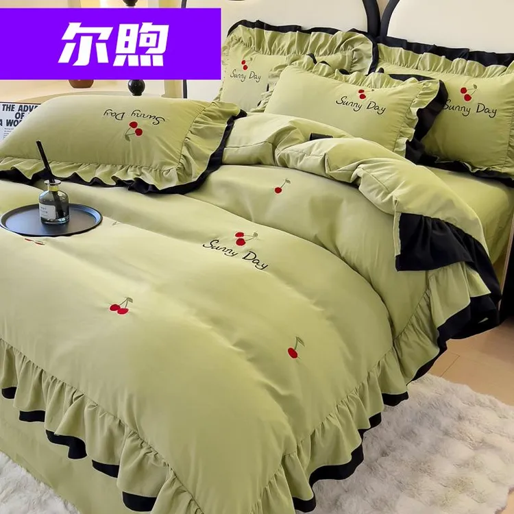 少女心加厚磨毛花边四件套水洗棉亲肤被套被罩床单双人家用四季款