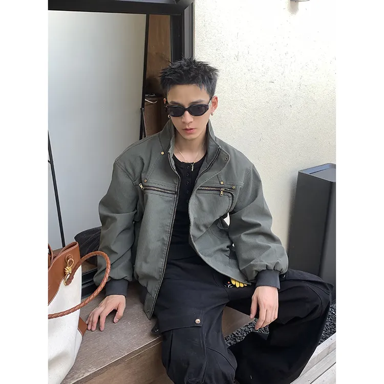 PLTH*美式高街设计感重工拉链解构坑条短款工装夹克休闲通勤外套