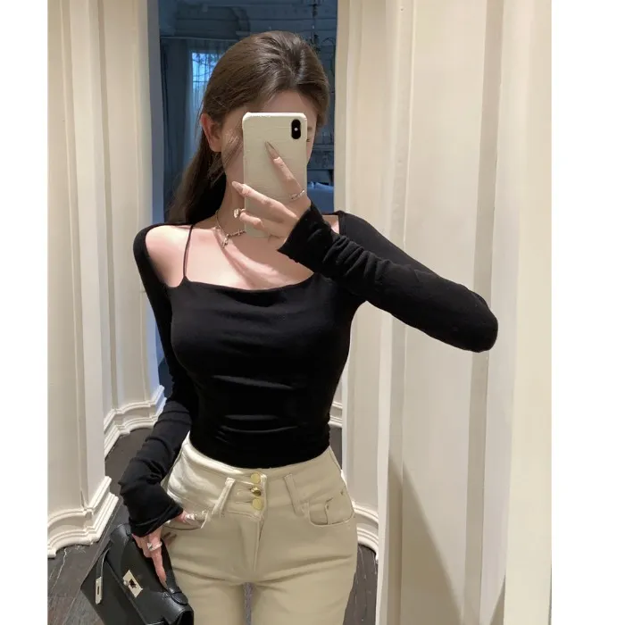 方领黑色t恤女秋露肩性感纯欲紧身显瘦假两件短款打底衫长袖上衣