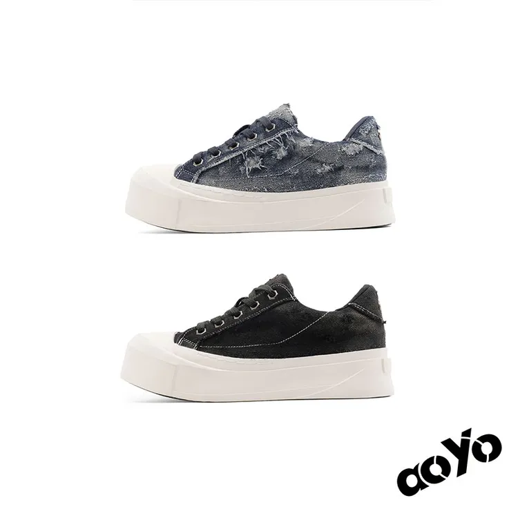 aoyo*25SS/"Vintaga"翘头牛仔板鞋 百搭厚底增高潮流米奇大头鞋