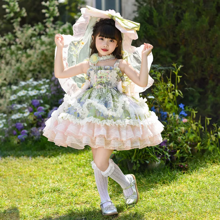 女童lolita洛丽塔汉服连衣裙2026儿童蕾丝花朵蛋糕裙公主蓬蓬裙夏