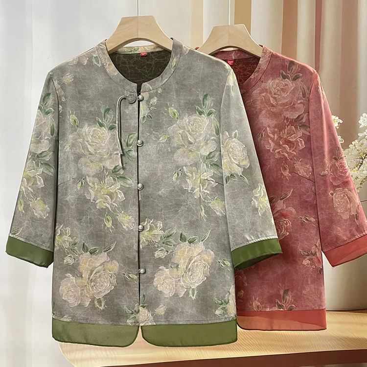 奶奶夏季衬衫七分袖中老年人妈妈夏装宽松国风衬衣老太太衣服宽松