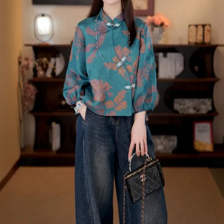 新中式印花斜襟盘扣衬衫女士春秋新款高级感气质减龄立领长袖上衣