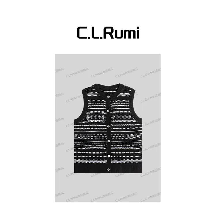 【Rumi精选】“叠穿叙事”25秋冬针织百搭宽松圆领复古提花背心7214bx