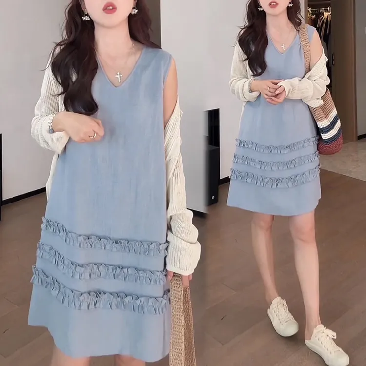 时尚简约套装女2025年夏季韩版洋气长袖针织衫+纯色连衣裙两件套