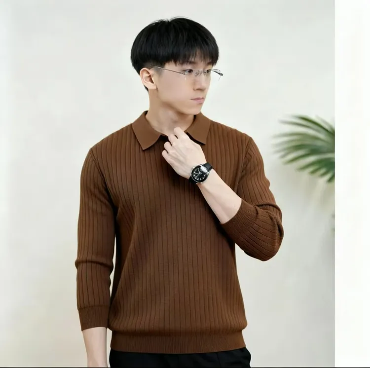 长袖春秋修身针织衫新款弹力套头韩国螺纹男装男纯色翻领恤衫轻熟