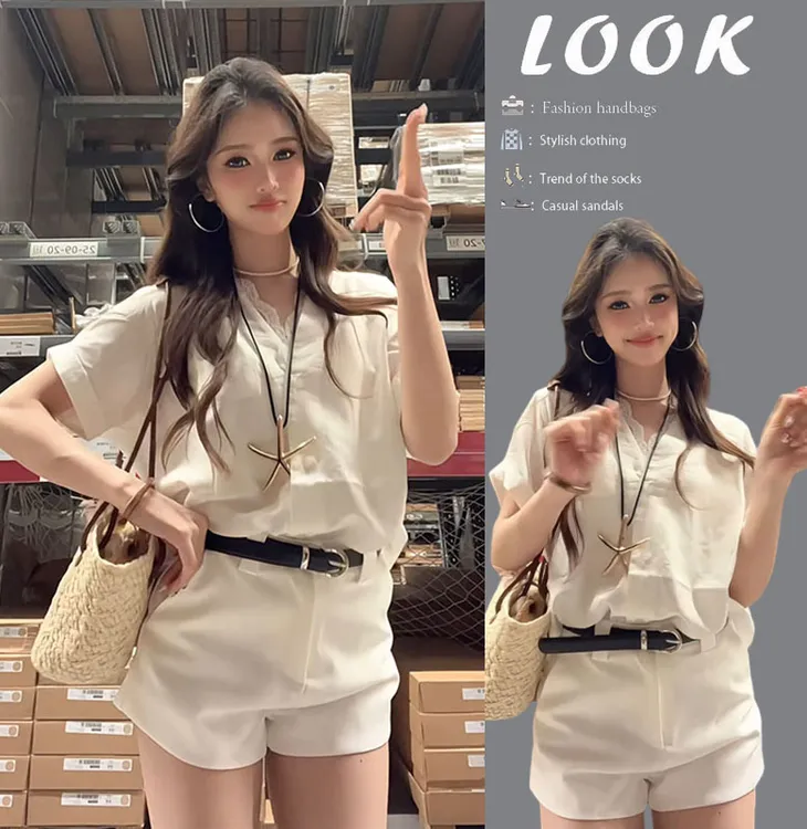 夏季穿搭一整套2025新款韩版气质蕾丝边短袖衬衫百搭短裤两件套装