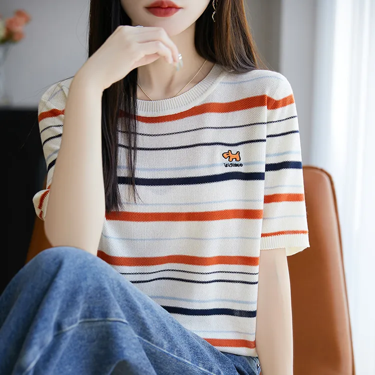 品牌时尚女装夏季条纹刺绣圆领短袖Tt恤女洋气时尚针织衫上衣薄款