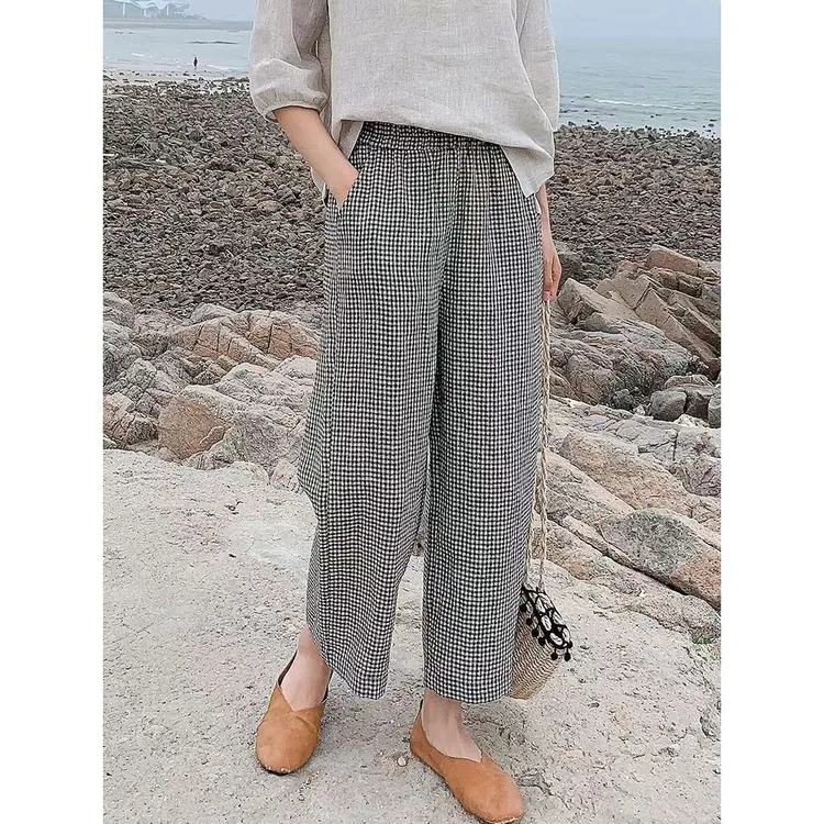 2025夏季新款韩版宽松格子裤女休闲阔腿裤亚麻显瘦直筒薄款九分裤