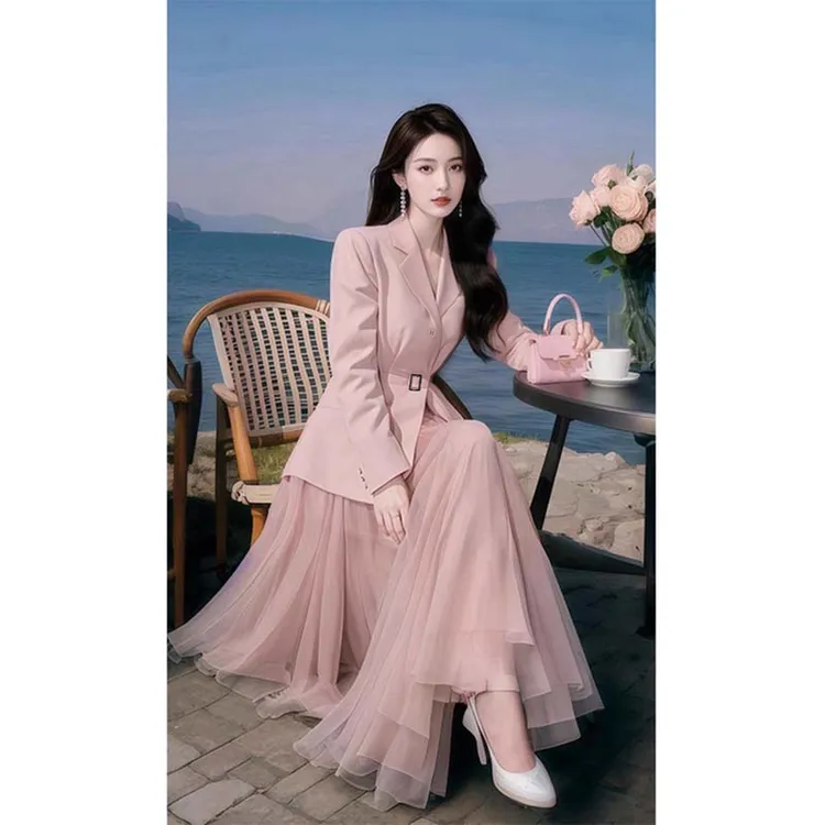 【两件套】【有里布】新款气质名媛西装外套纱裙独特两件套女DM0034