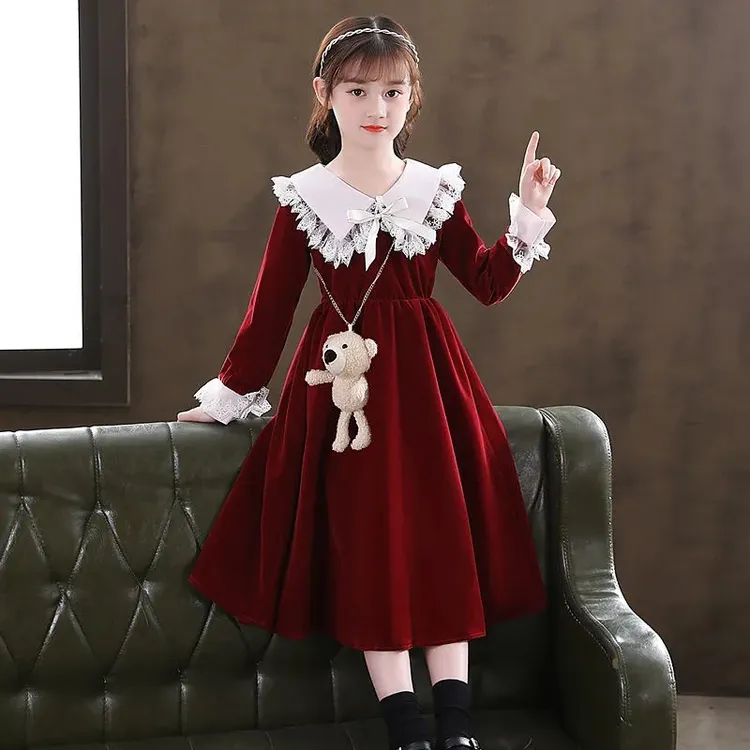 女童连衣裙秋季新款洋气时髦中大童红色新年服小女孩演出服公主裙