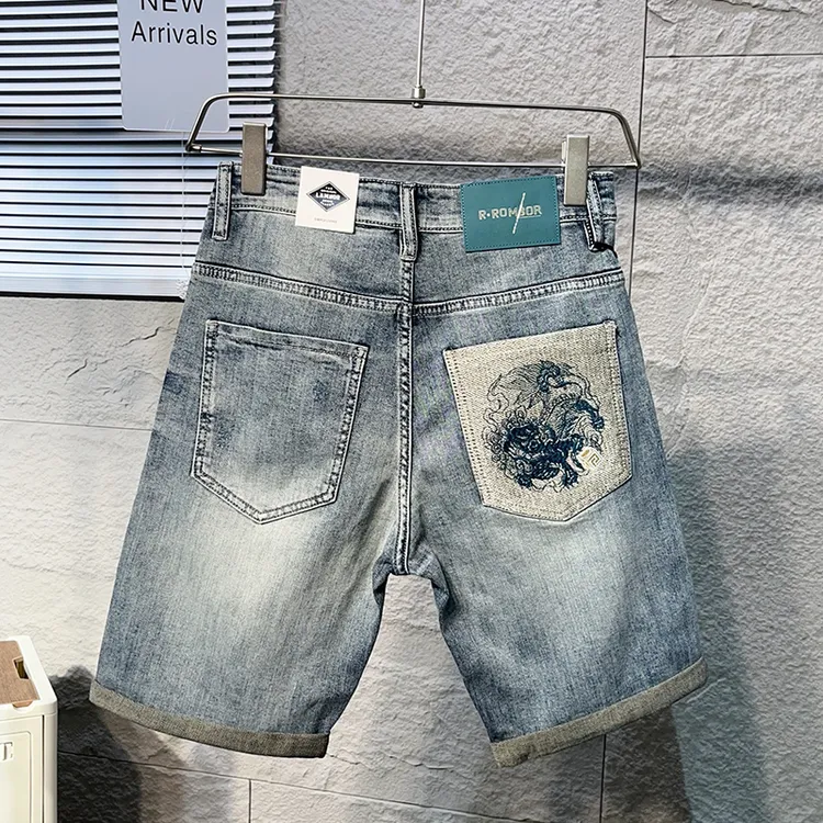 2025夏季男士牛仔短裤刺绣修身潮牌五分裤休闲裤男士短裤ins百搭