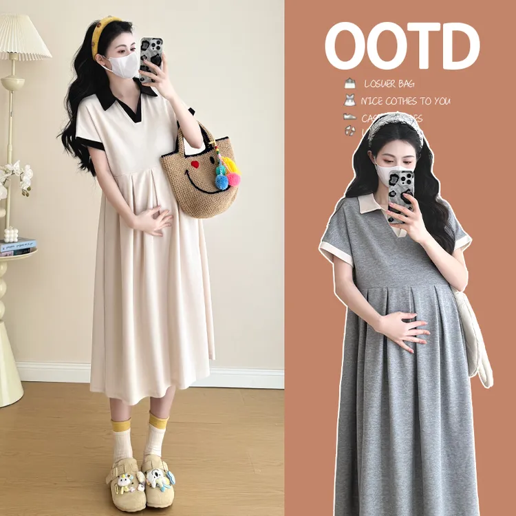 孕妇连衣裙韩版时尚夏季新款大码宽松遮肚中长款连衣裙翻领拼色裙