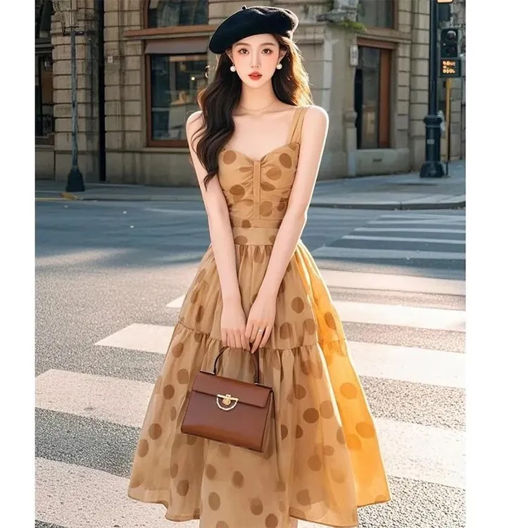 2025春秋韩式新款多巴胺波点设计感黄色连衣裙女小众个性时尚裙子
