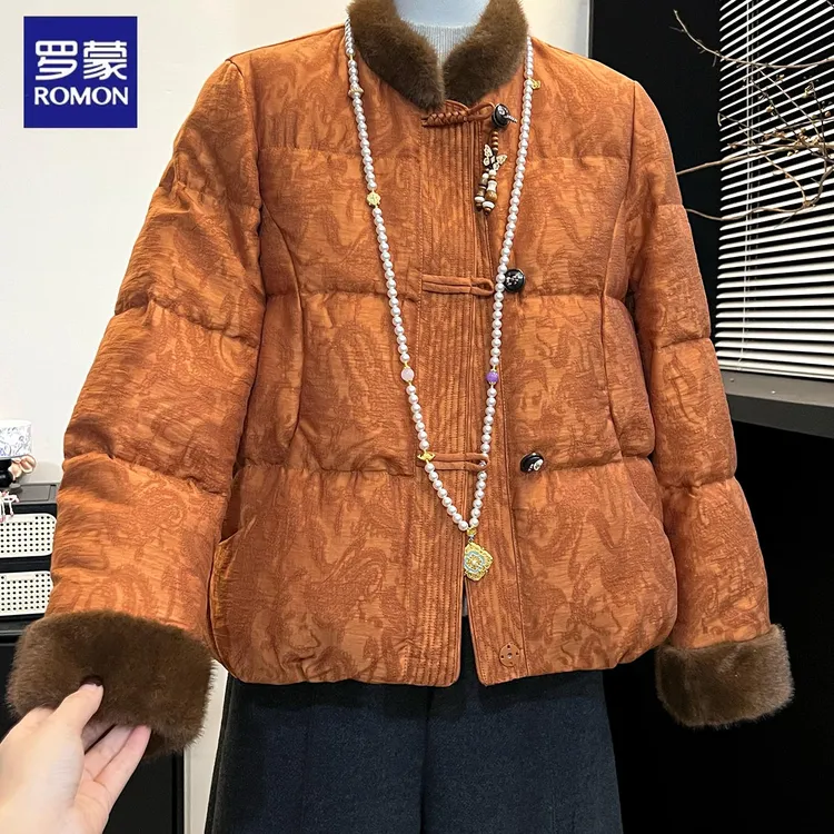罗蒙妈妈装新中式国风毛领羽绒服冬新款2025高贵加厚白鸭绒外套