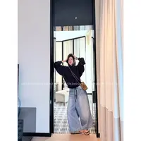 『PEACHZHOU』水洗猫须纹阔裆撞色抽绳宽松休闲老爹九分牛仔中裤