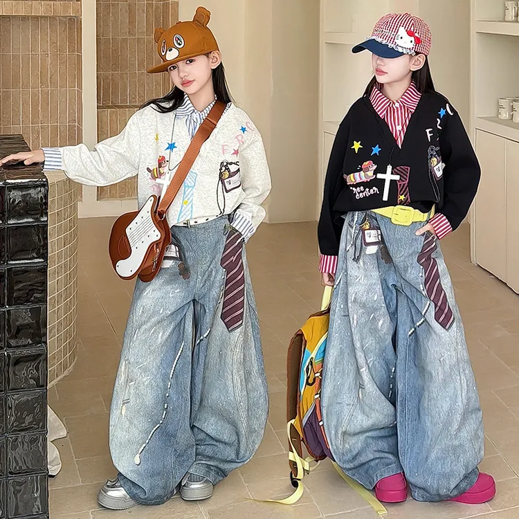 女童假两件卫衣牛仔裤套装2026春装新款6-12岁潮酷时髦炸街两件套