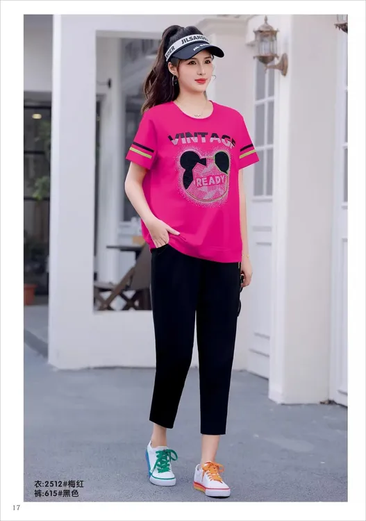 休闲运动百搭夏季黑色女士春夏短裤大码显瘦圆领时尚衣长60左右