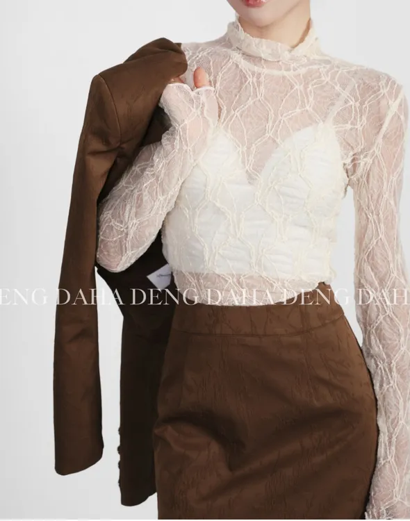 DENGDAHA气质半高领蕾丝上衣网纱立领蕾丝叠穿打底衫HBZXP621321
