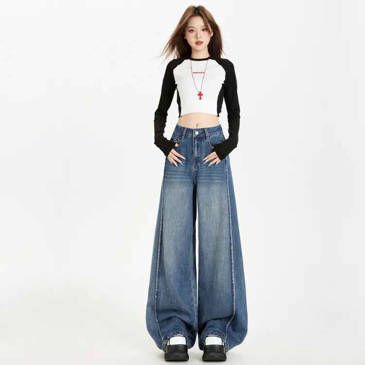 新中式大直筒牛仔裤女秋季新款设计感复古慵懒宽松显瘦拖地阔腿裤