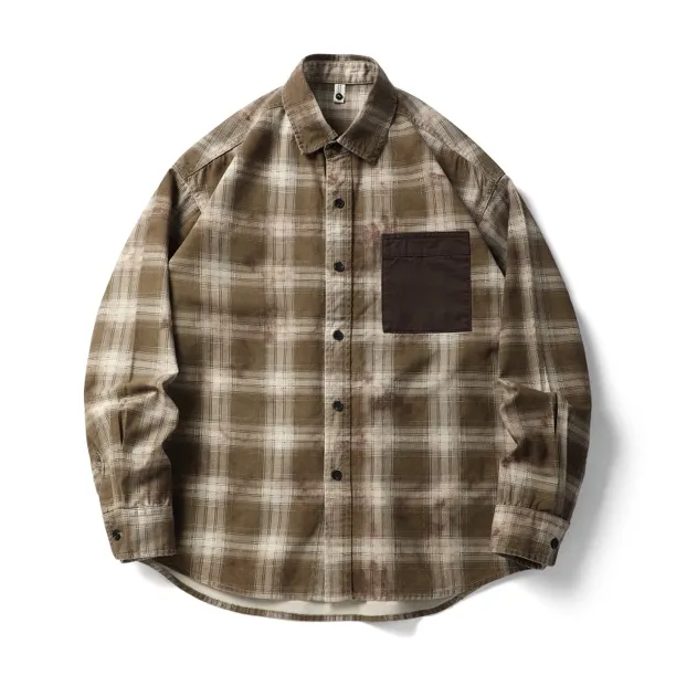 日系复古天丝棉格子衬衫男春夏款百搭衬衣宽松休闲上衣外套