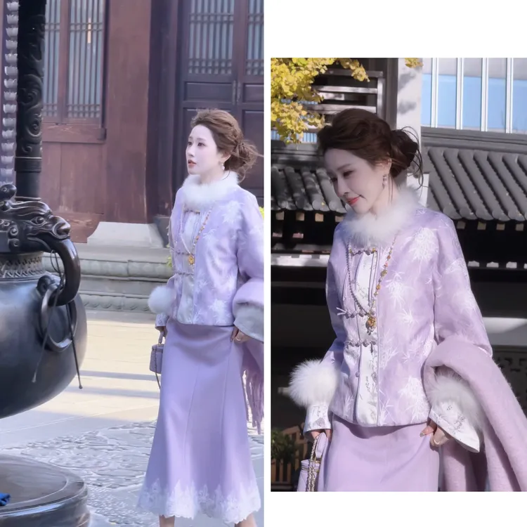 【婷婷】《紫竹》紫气东来提花狐狸毛羽绒外套半裙套装TT2SDTY2791