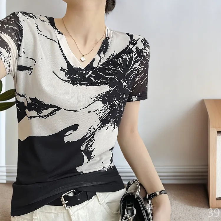 小衫爆款高级感流行时尚潮牌女装高端网纱打底衫短袖上衣半袖新款