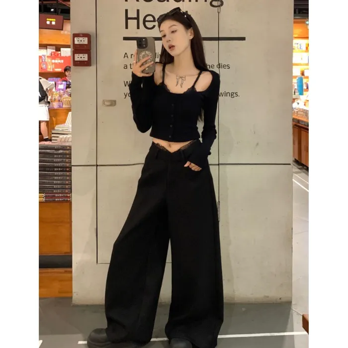 蕾丝拼接方领长袖短款T恤女秋季穿搭套装黑色休闲阔腿长裤两件套