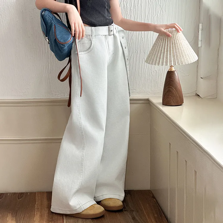 女童春秋牛仔裤6-12岁潮款洋气儿童阔腿裤韩版中大童白色休闲裤潮