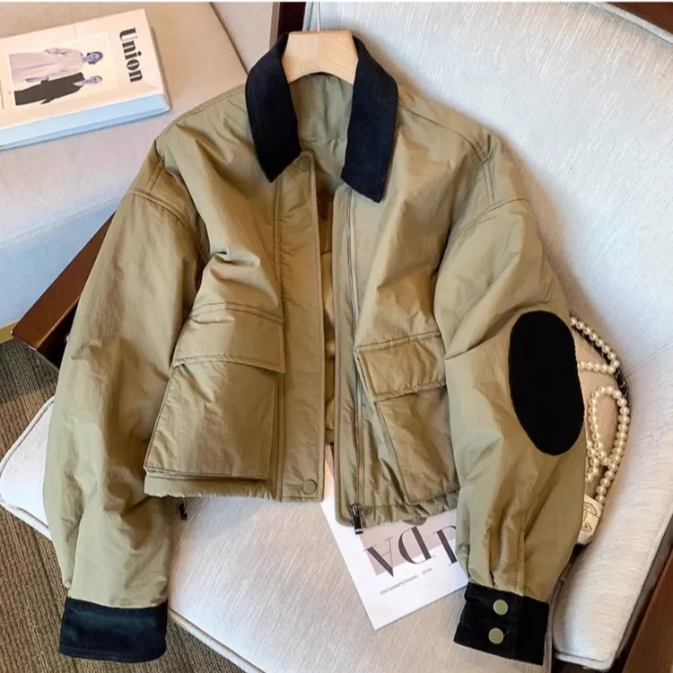 小个子外套女灯芯绒设计翻领拼接棉服2025新款秋冬复古短款棉上衣