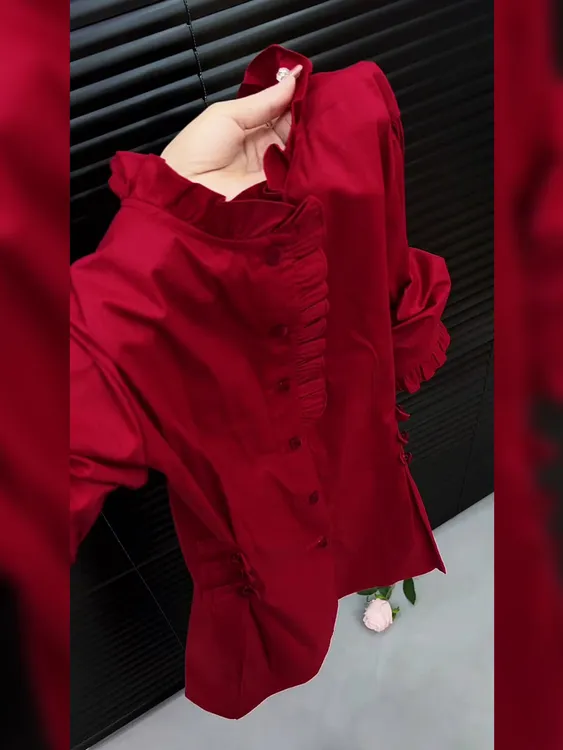复古高级感红色褶皱设计别致衬衫上衣女2025秋季新款宽松百搭上衣
