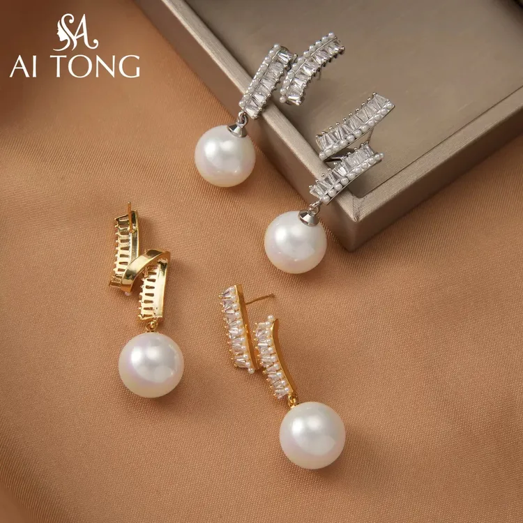 铜合金耳饰 AL7157 法式复古轻奢不规则设计感珠光耳环