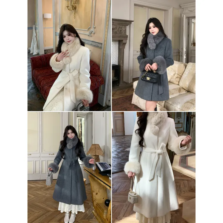 李潇洒【格雷千金】微胖大码可拆卸毛领腰带冬双版本赫本风毛呢大衣