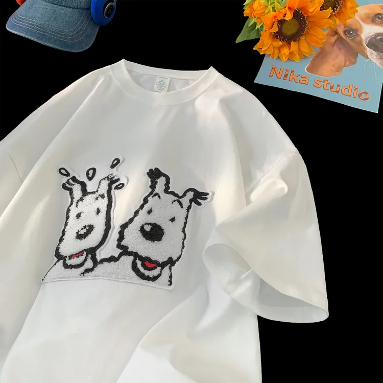 【现货+运费险】情侣装可爱小狗绣花短袖t恤男女夏季重磅纯棉五分袖