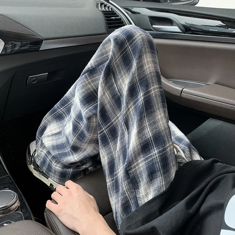 藏青色格纹裤子男夏季薄款美式复古垂感阔腿裤宽松慵懒风休闲长裤