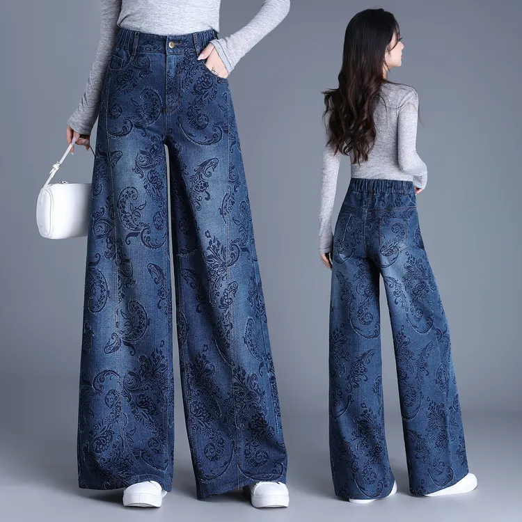 高级感国风提花牛仔裤女2025秋冬新款中式刺绣时尚显瘦百搭阔腿裤