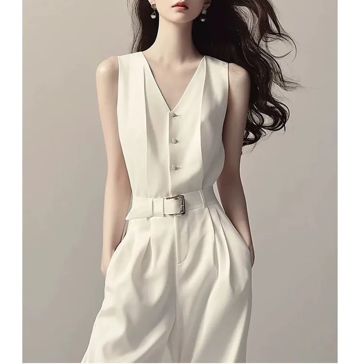 2025气质女神范高级感小香风一件式白色无袖高腰时2025