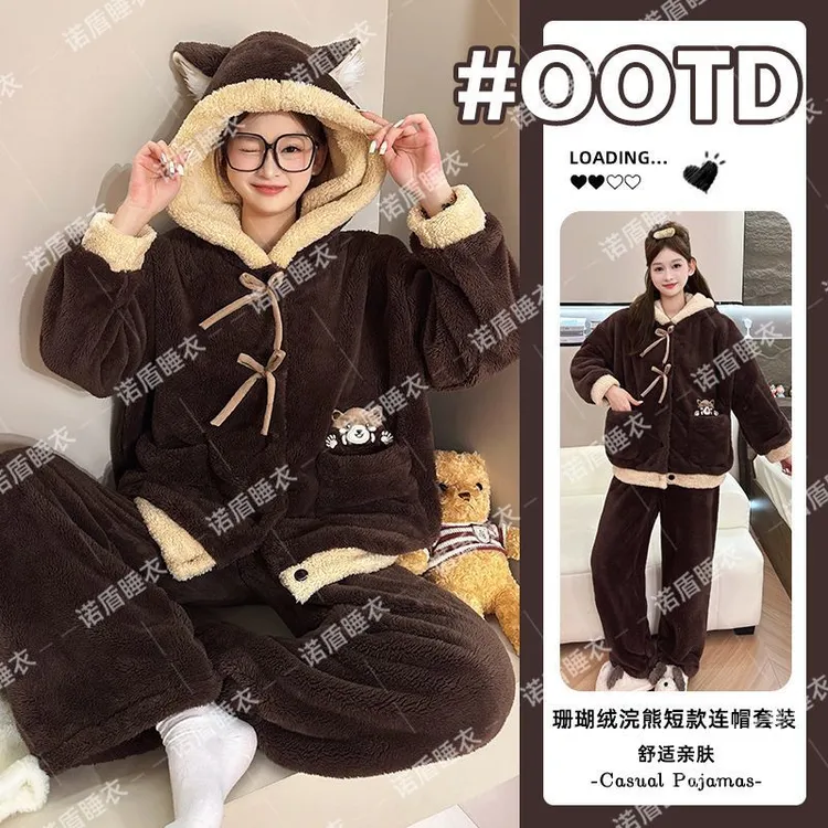 2025冬季新款珊瑚绒保暖睡衣女浣熊加绒加厚女士家居服套装外穿
