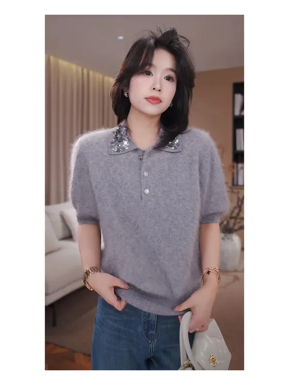 广州琴姐【星芒絮语】小众设计感亮片Polo领毛针织衫女短袖秋季4258