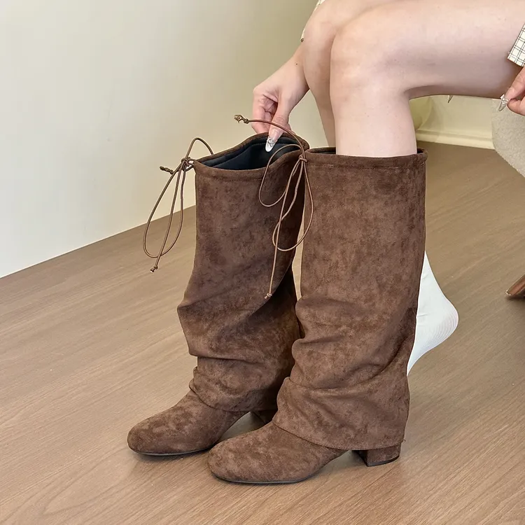 titing早秋波嬉风！绒面圆头粗跟裤管靴女秋冬系带大筒围堆堆靴