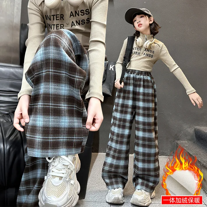 女童冬装裤子儿童新款韩系加绒加厚宽松休闲裤女孩冬季格子直筒裤