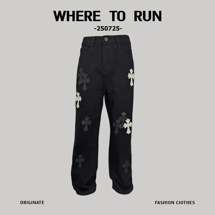 WHERETORUN美式轻奢直筒男女克罗心同款牛仔裤水洗十字架贴片
