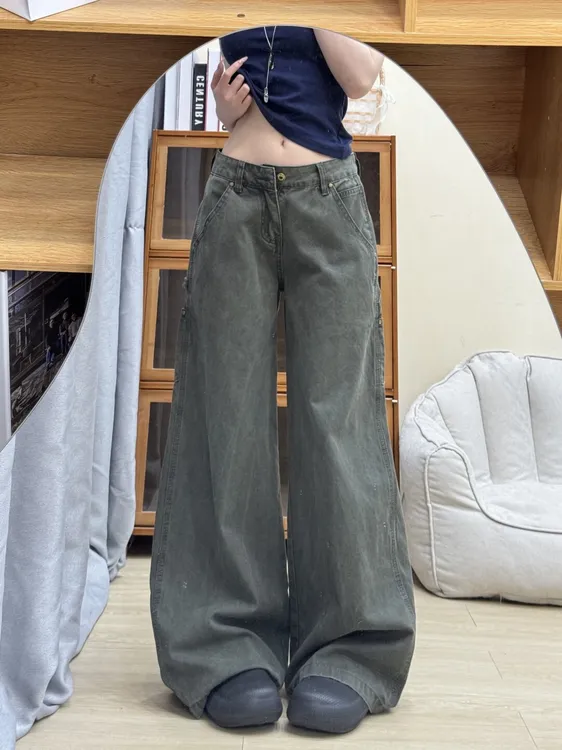 美式复古做旧弯刀时尚伐木直筒裤2025秋冬高腰显瘦遮跨牛仔阔腿裤